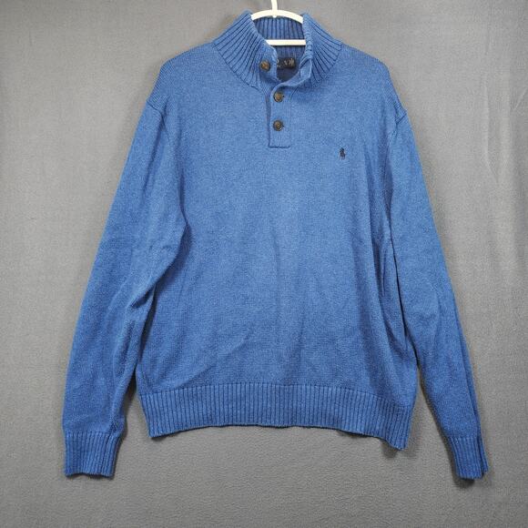 Polo Ralph Lauren Mens Sweater Extra Large Blue Henley Mock Neck Cotton Office - Picture 1 of 14